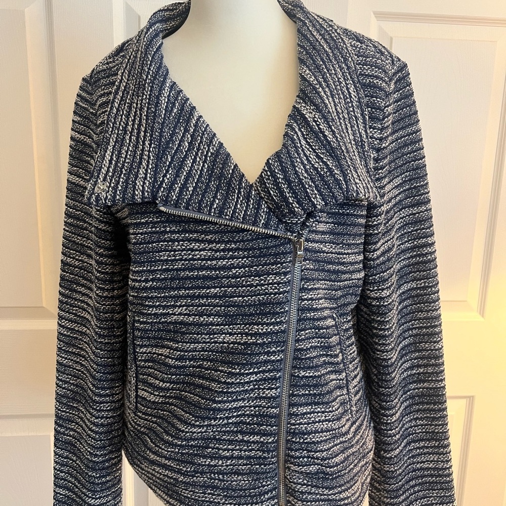 Loft Tweed Knit Jacket Blue Moto Asymmetric Full Zip Long Sleeve Women’s Size M